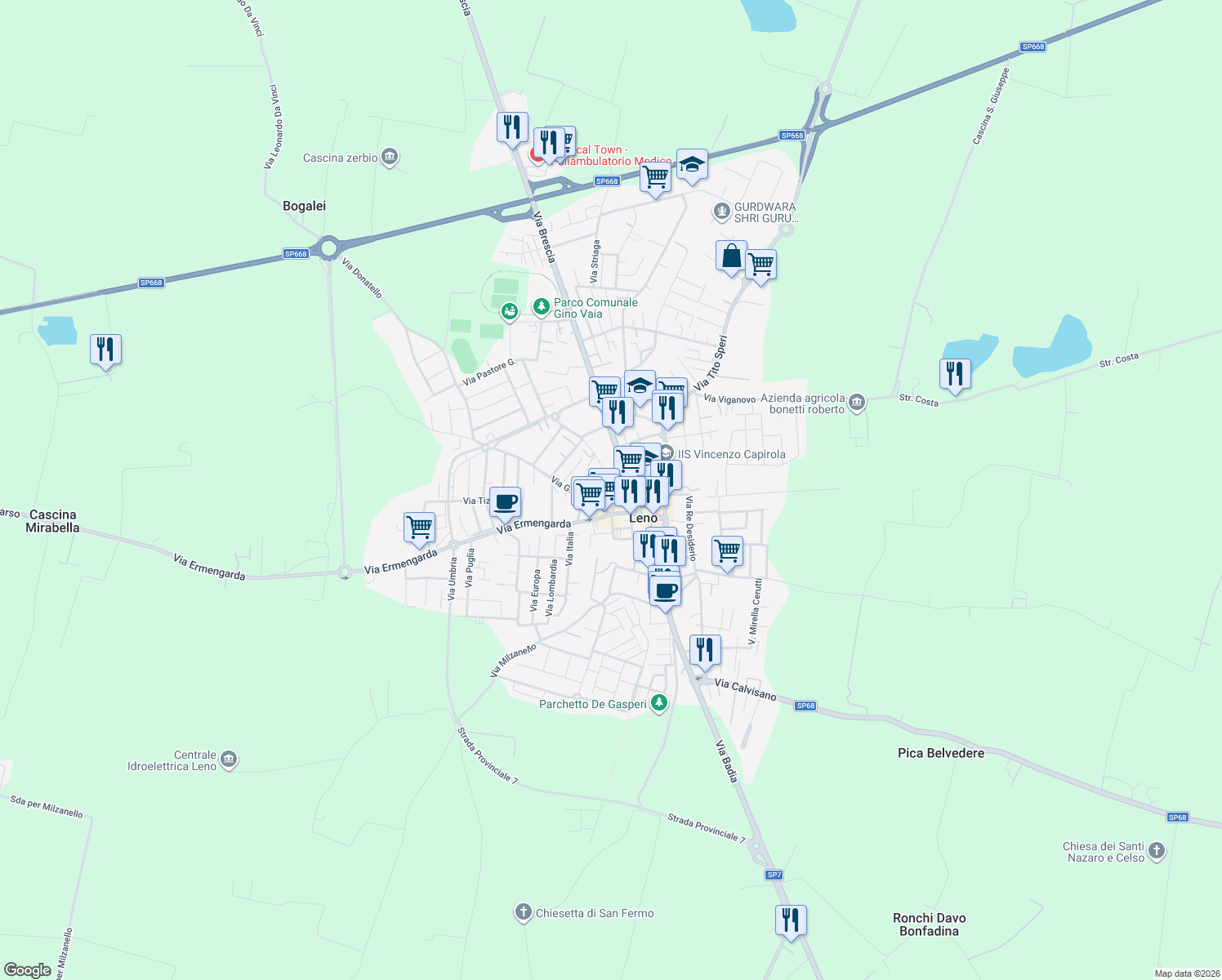 map of restaurants, bars, coffee shops, grocery stores, and more near 29 Via Damonte in Leno