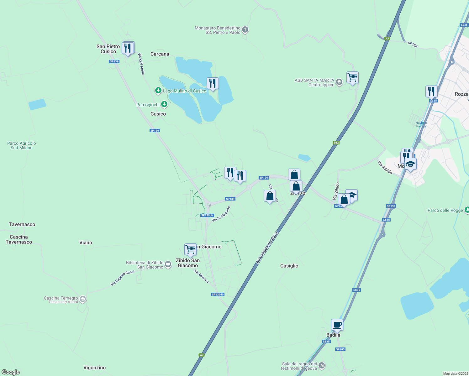 map of restaurants, bars, coffee shops, grocery stores, and more near 2 Via Giacomo Matteotti in Zibido San Giacomo