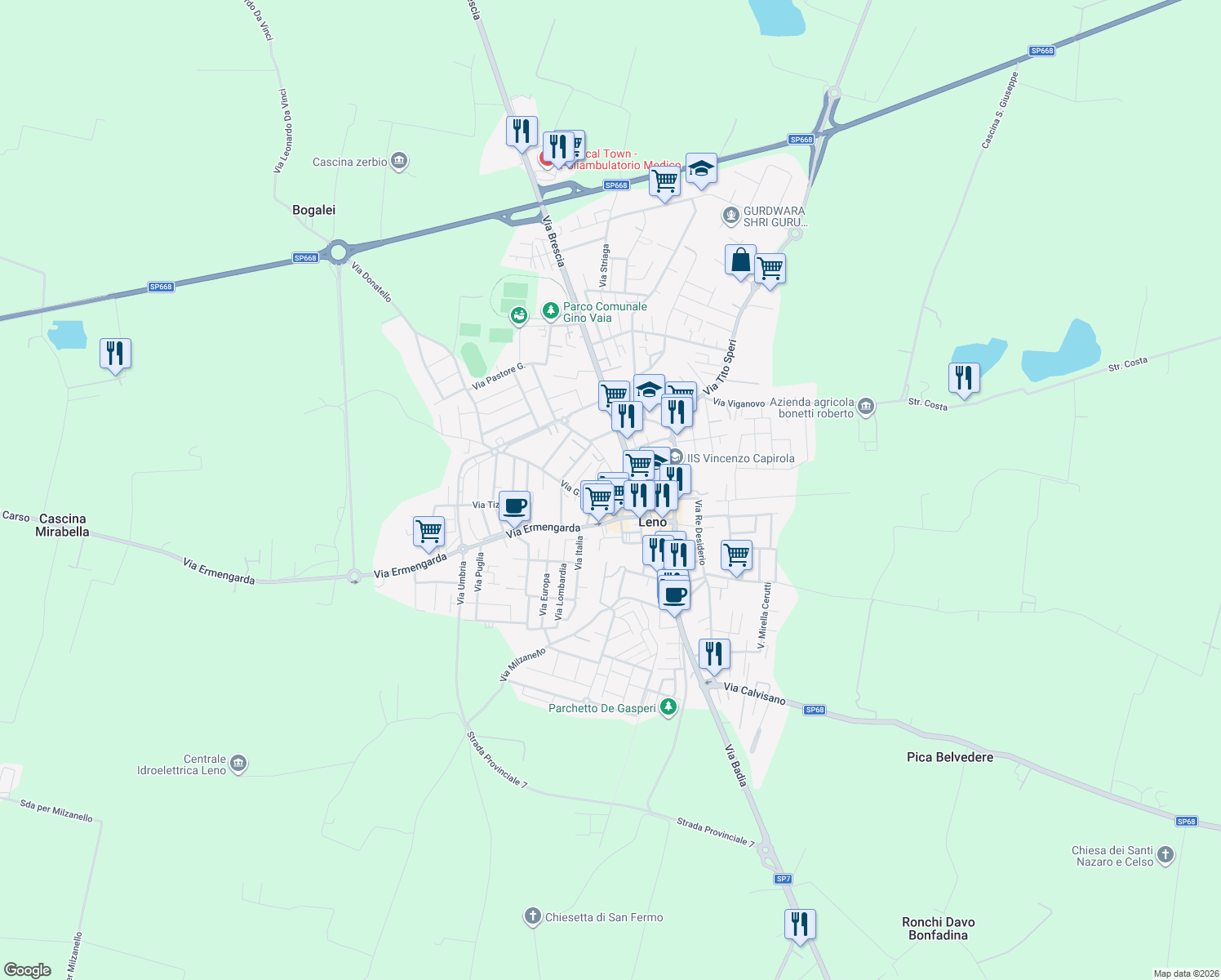 map of restaurants, bars, coffee shops, grocery stores, and more near 29 Via Damonte in Leno