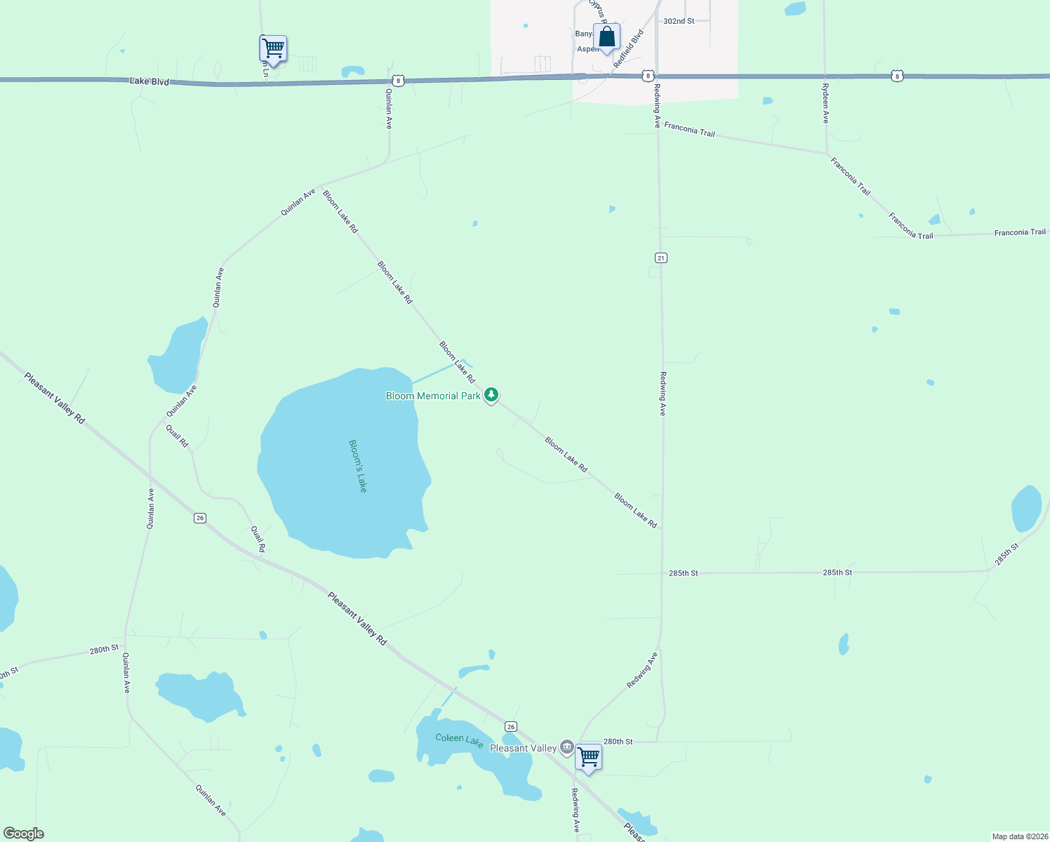 map of restaurants, bars, coffee shops, grocery stores, and more near 17147 Bloom Lake Road in Shafer