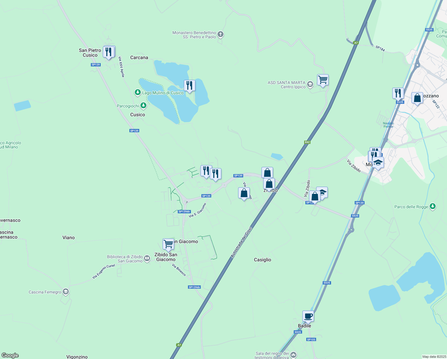 map of restaurants, bars, coffee shops, grocery stores, and more near 2 Via Giacomo Matteotti in Zibido San Giacomo