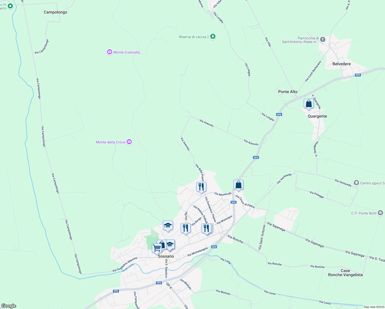 map of restaurants, bars, coffee shops, grocery stores, and more near 19 Via delle Priare in Sossano