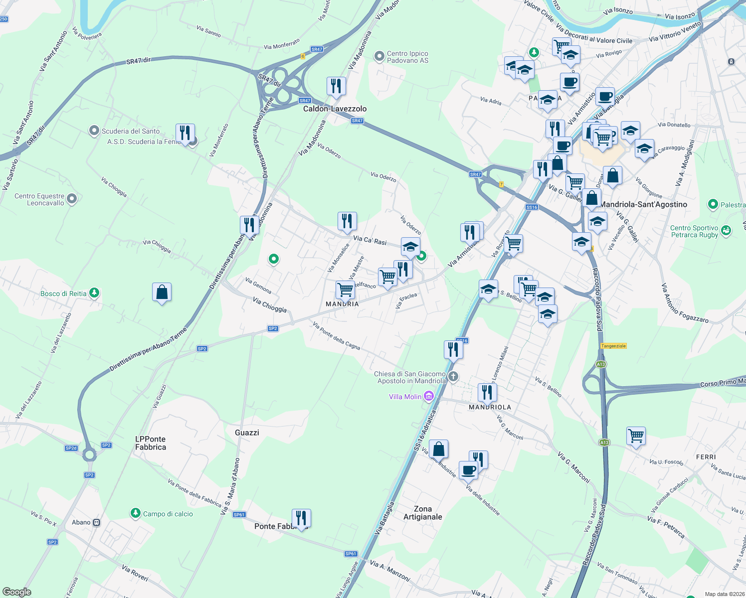 map of restaurants, bars, coffee shops, grocery stores, and more near 26 Via Romana Aponense in Padova