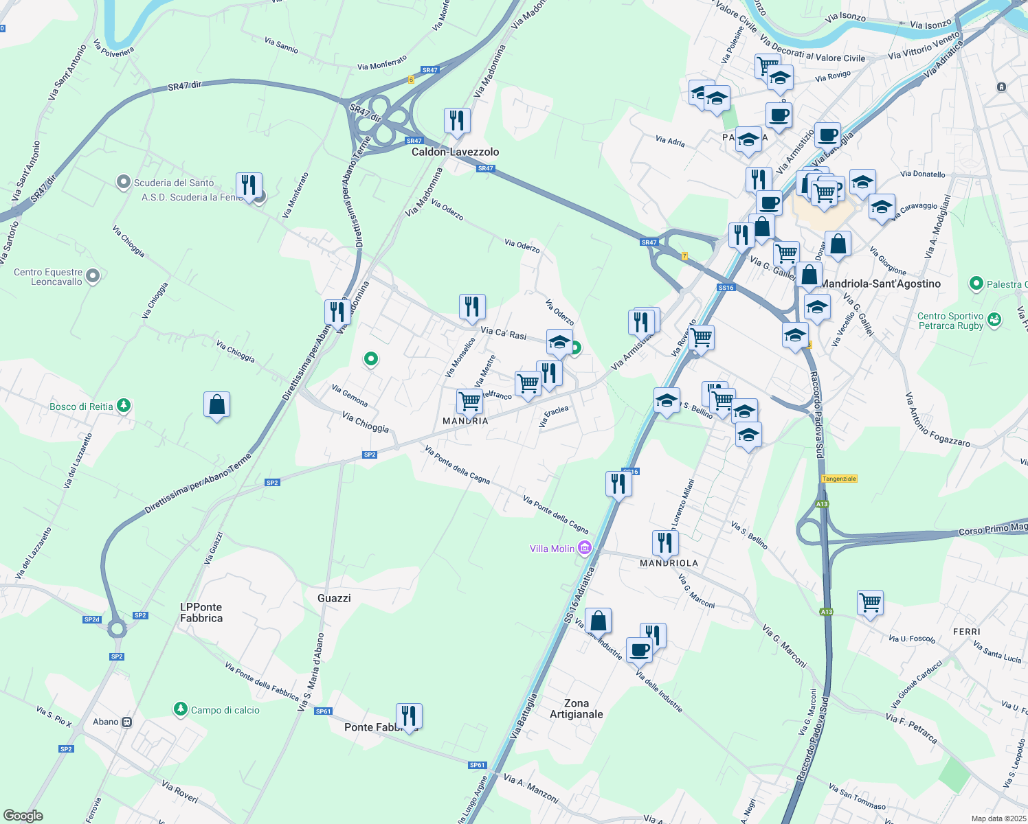 map of restaurants, bars, coffee shops, grocery stores, and more near 26 Via Romana Aponense in Padova