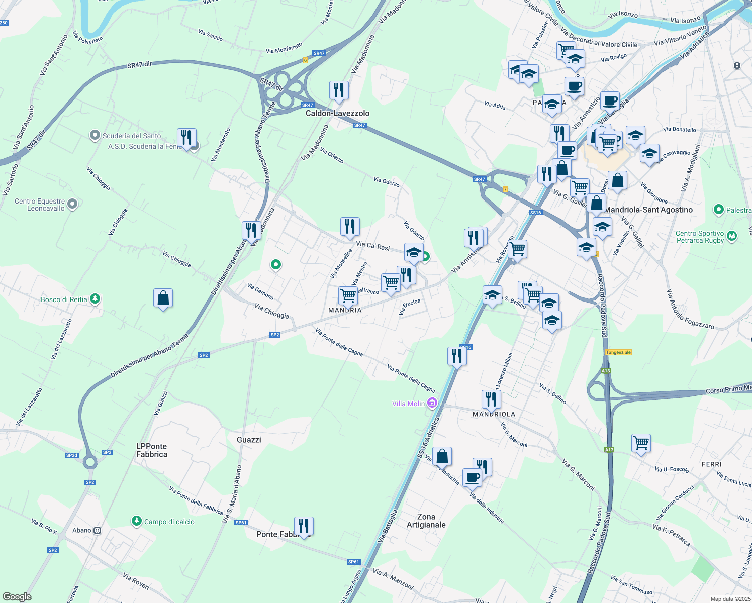 map of restaurants, bars, coffee shops, grocery stores, and more near 26 Via Romana Aponense in Padova