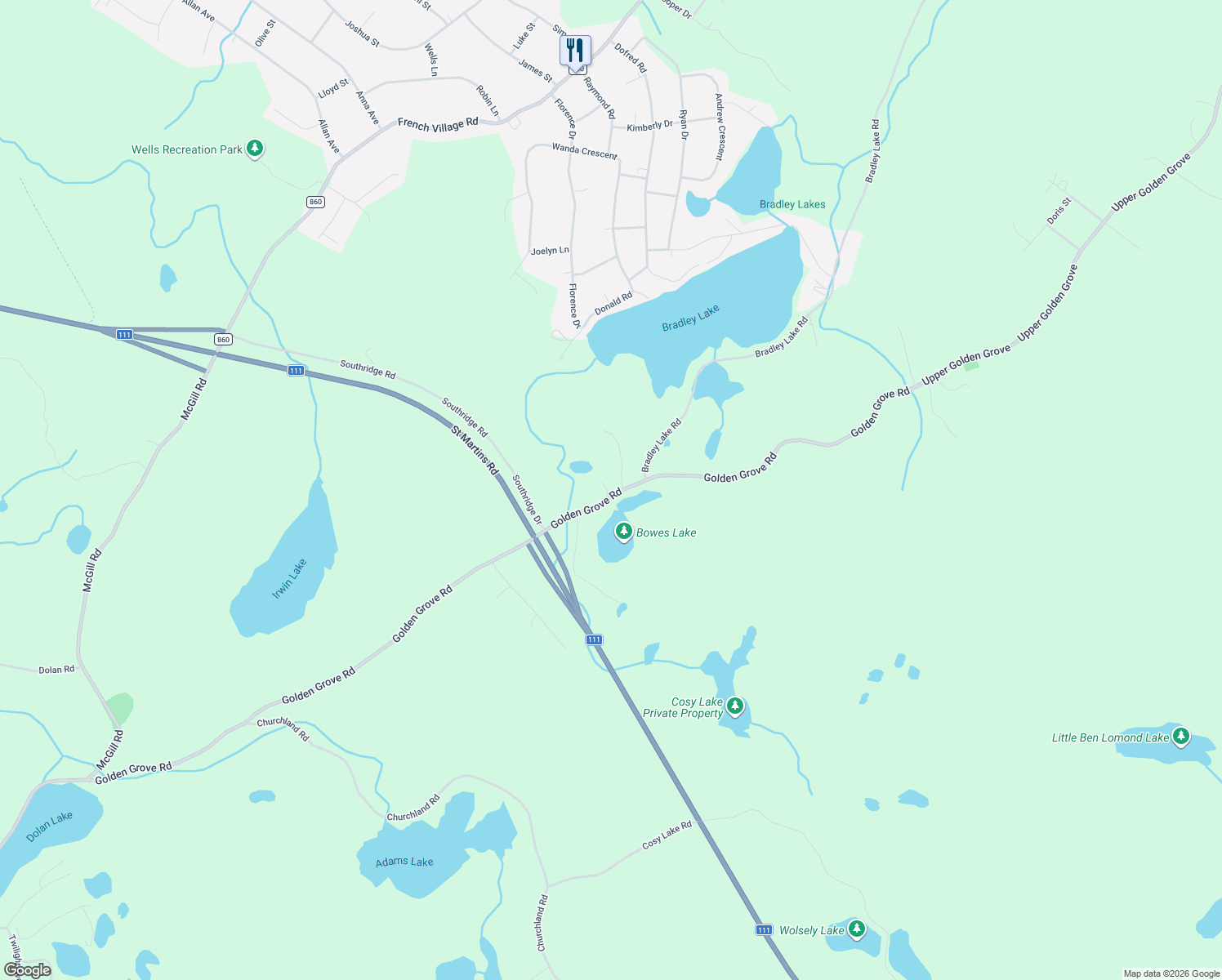 map of restaurants, bars, coffee shops, grocery stores, and more near Wilson Lane in Saint John