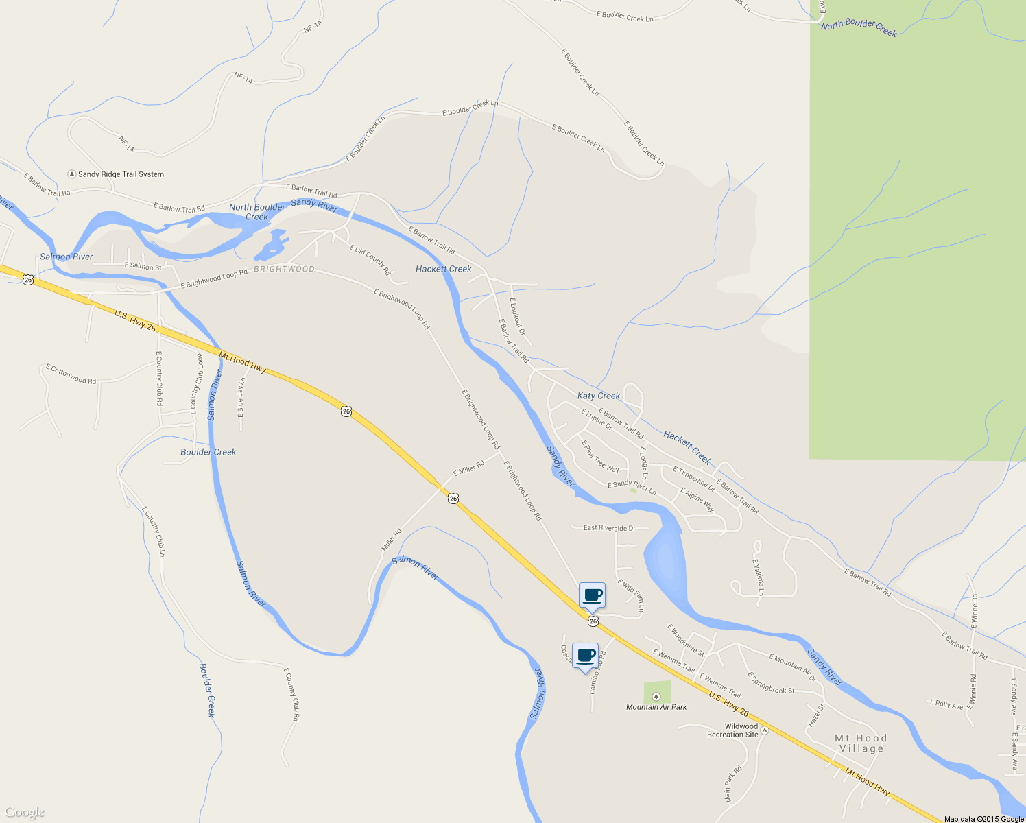 map of restaurants, bars, coffee shops, grocery stores, and more near 64265 East Brightwood Loop Road in Mount Hood Village