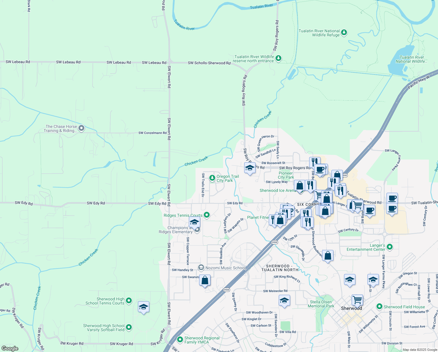 map of restaurants, bars, coffee shops, grocery stores, and more near 17665 Southwest Nels Drive in Sherwood