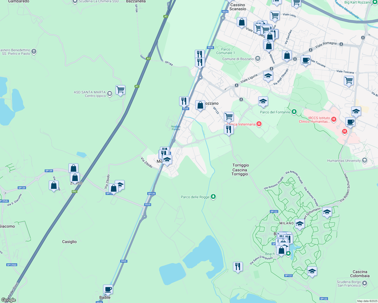 map of restaurants, bars, coffee shops, grocery stores, and more near 3 Via Carlo Alberto dalla Chiesa in Rozzano
