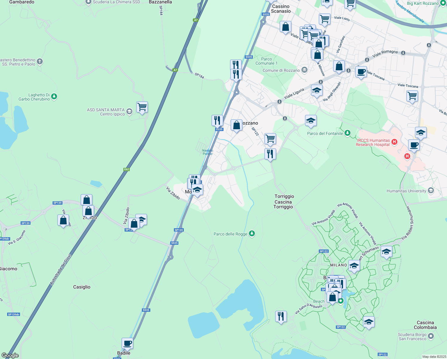 map of restaurants, bars, coffee shops, grocery stores, and more near 121 Via della Cooperazione in Rozzano