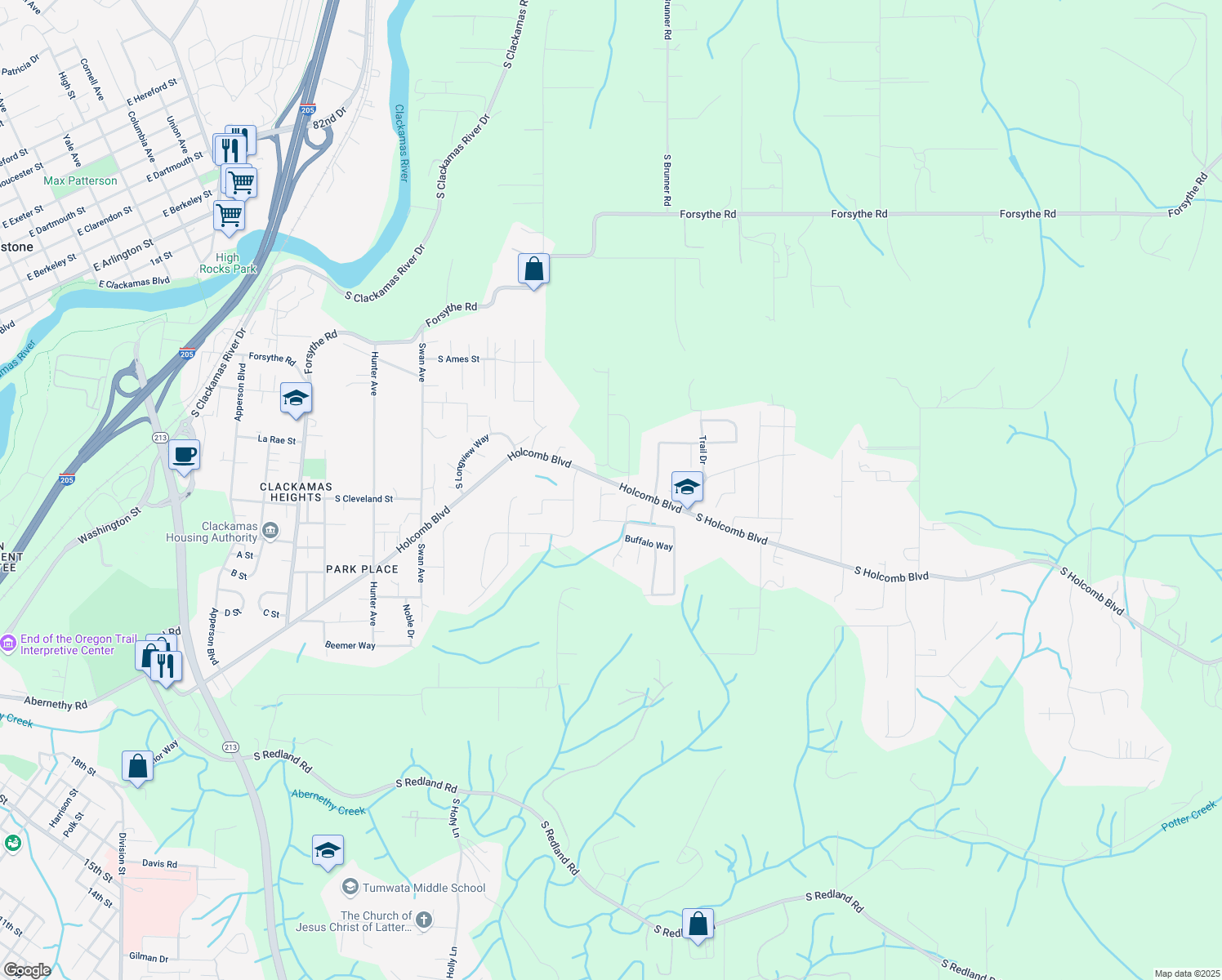 map of restaurants, bars, coffee shops, grocery stores, and more near 16210 Tracey Lee Court in Oregon City