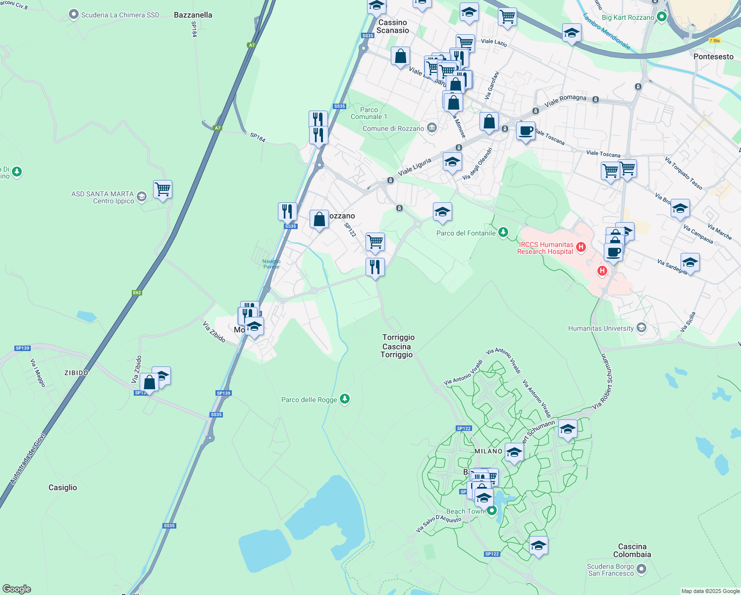 map of restaurants, bars, coffee shops, grocery stores, and more near 121 Via della Cooperazione in Città metropolitana di Milano