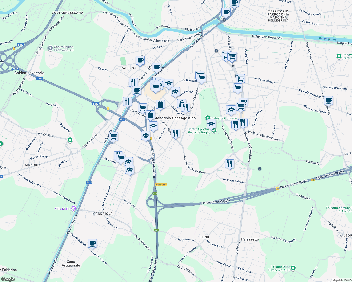 map of restaurants, bars, coffee shops, grocery stores, and more near 416 Via Galileo Galilei in Sant'Agostino