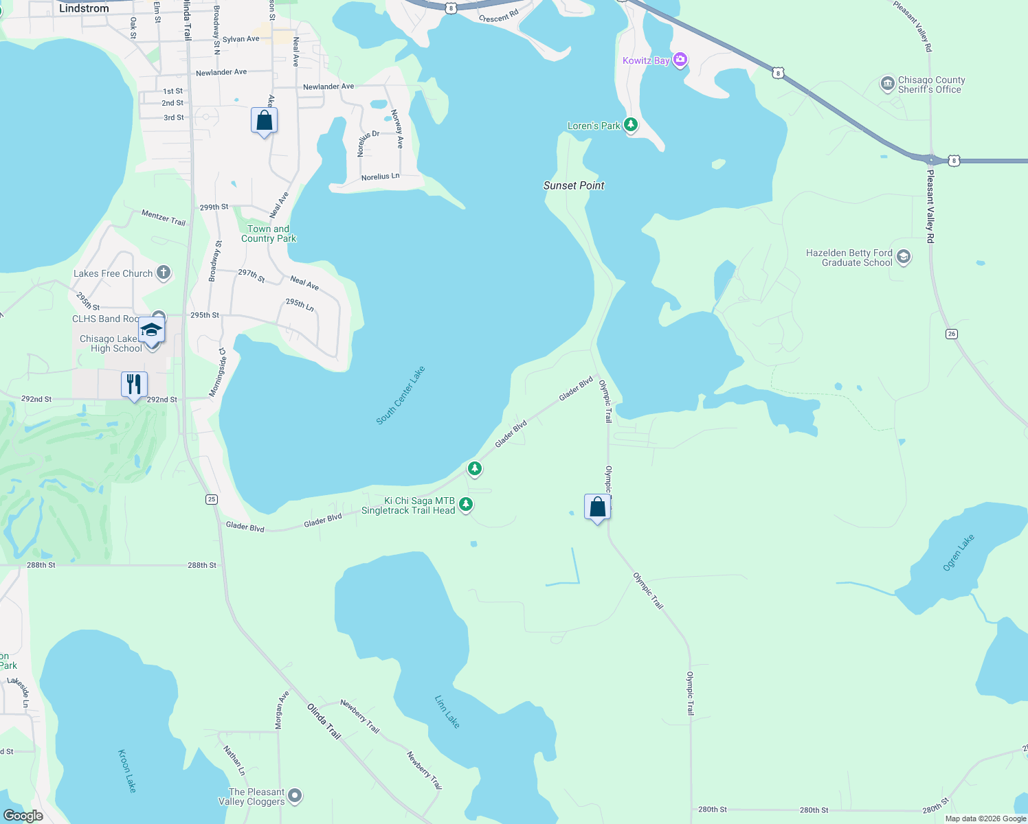 map of restaurants, bars, coffee shops, grocery stores, and more near 29166 Glader Boulevard in Lindstrom
