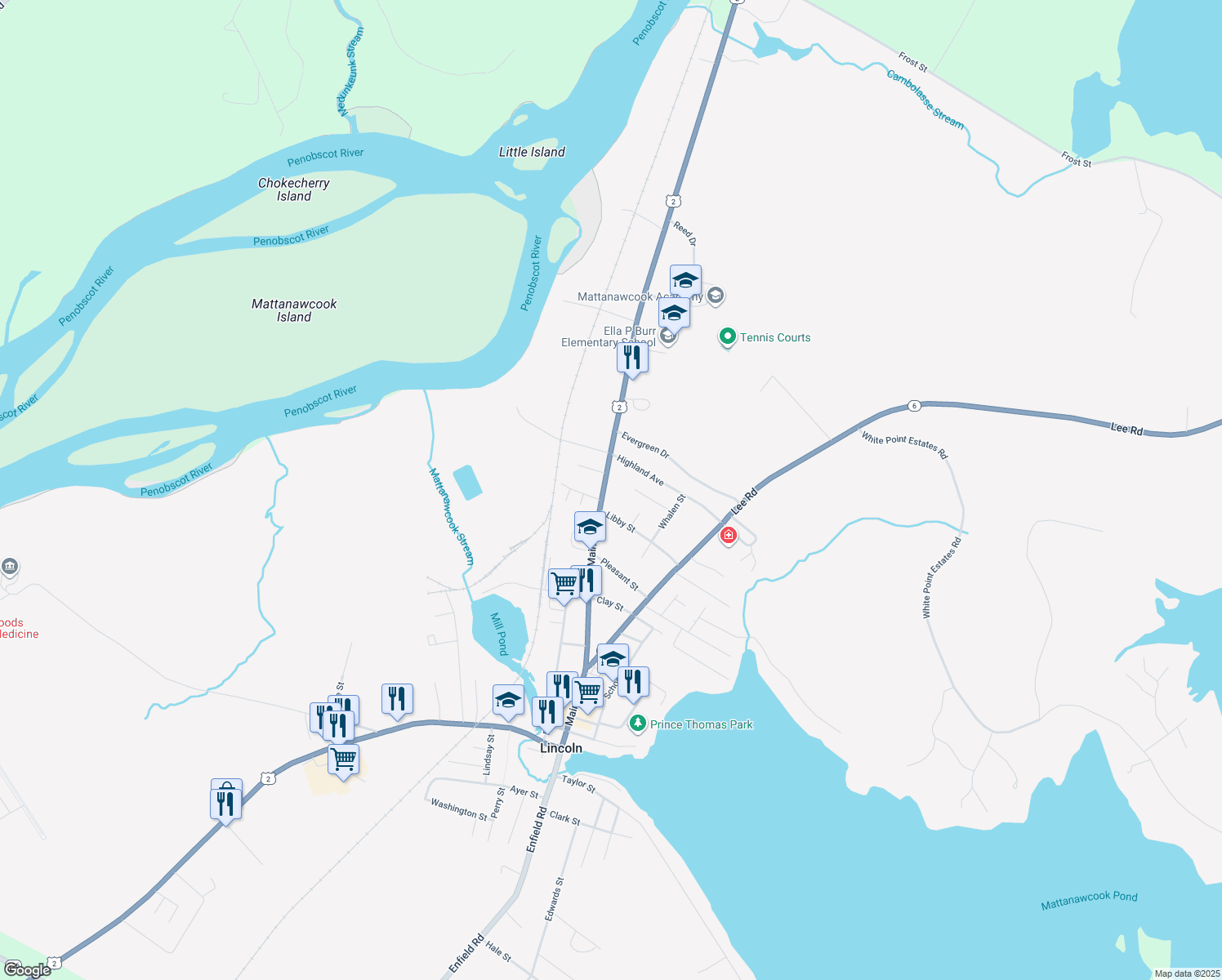 map of restaurants, bars, coffee shops, grocery stores, and more near 177 Main Street in Lincoln