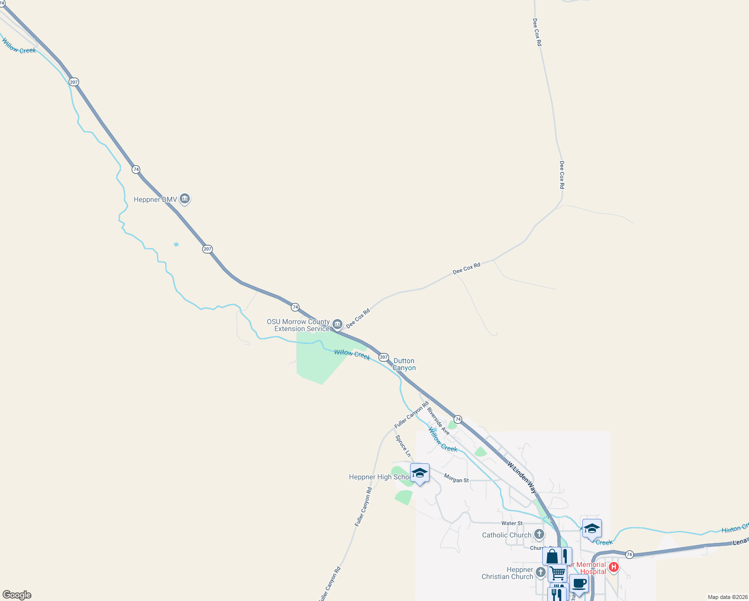 map of restaurants, bars, coffee shops, grocery stores, and more near Dee Cox Road in Heppner