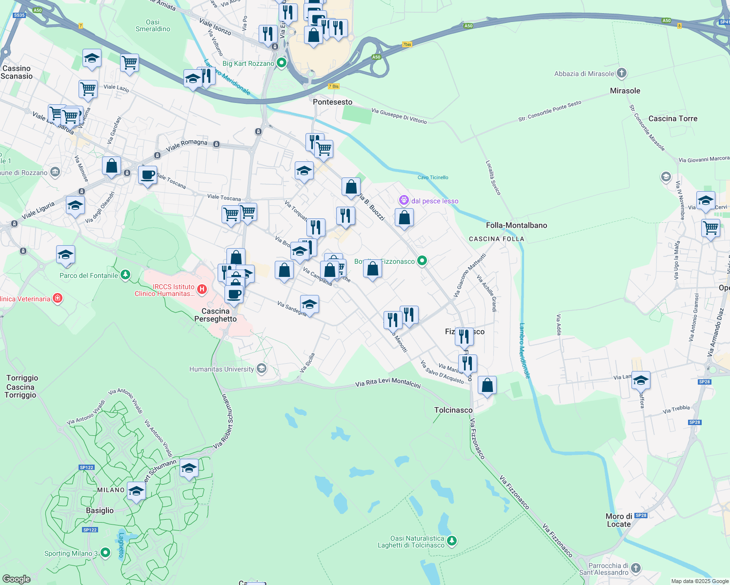 map of restaurants, bars, coffee shops, grocery stores, and more near 15 Via Privata Friuli in Pieve Emanuele