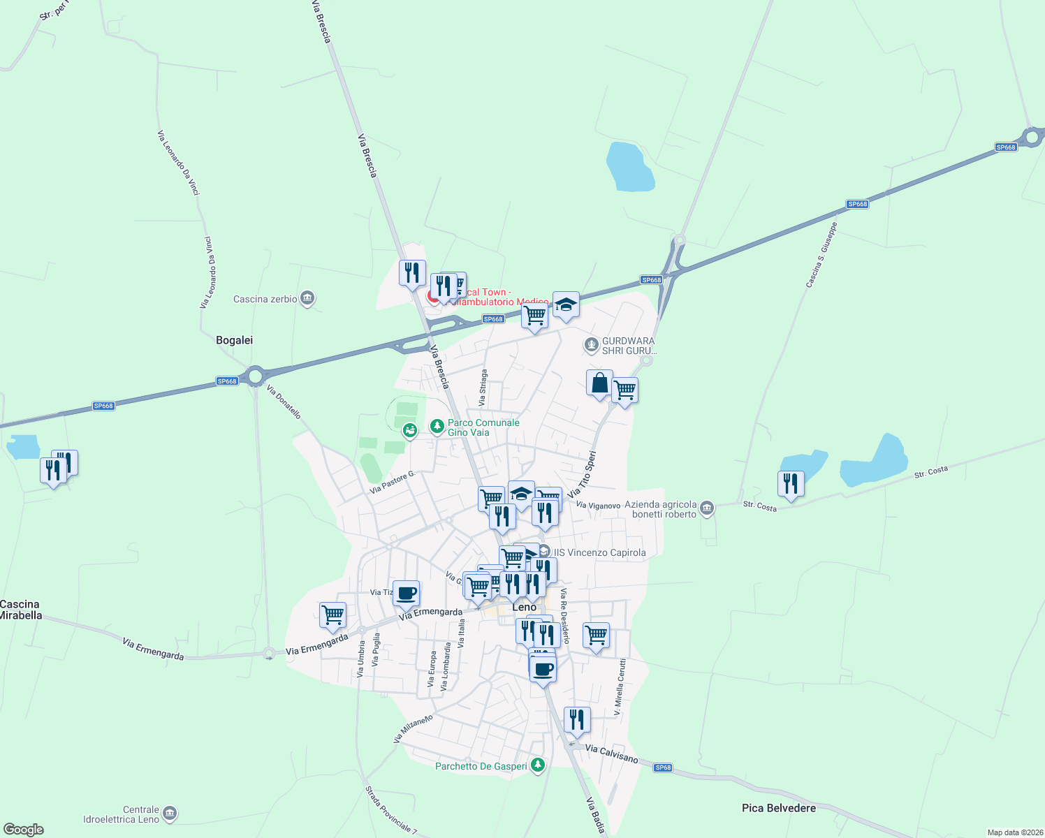 map of restaurants, bars, coffee shops, grocery stores, and more near 27 Via Striaga in Leno