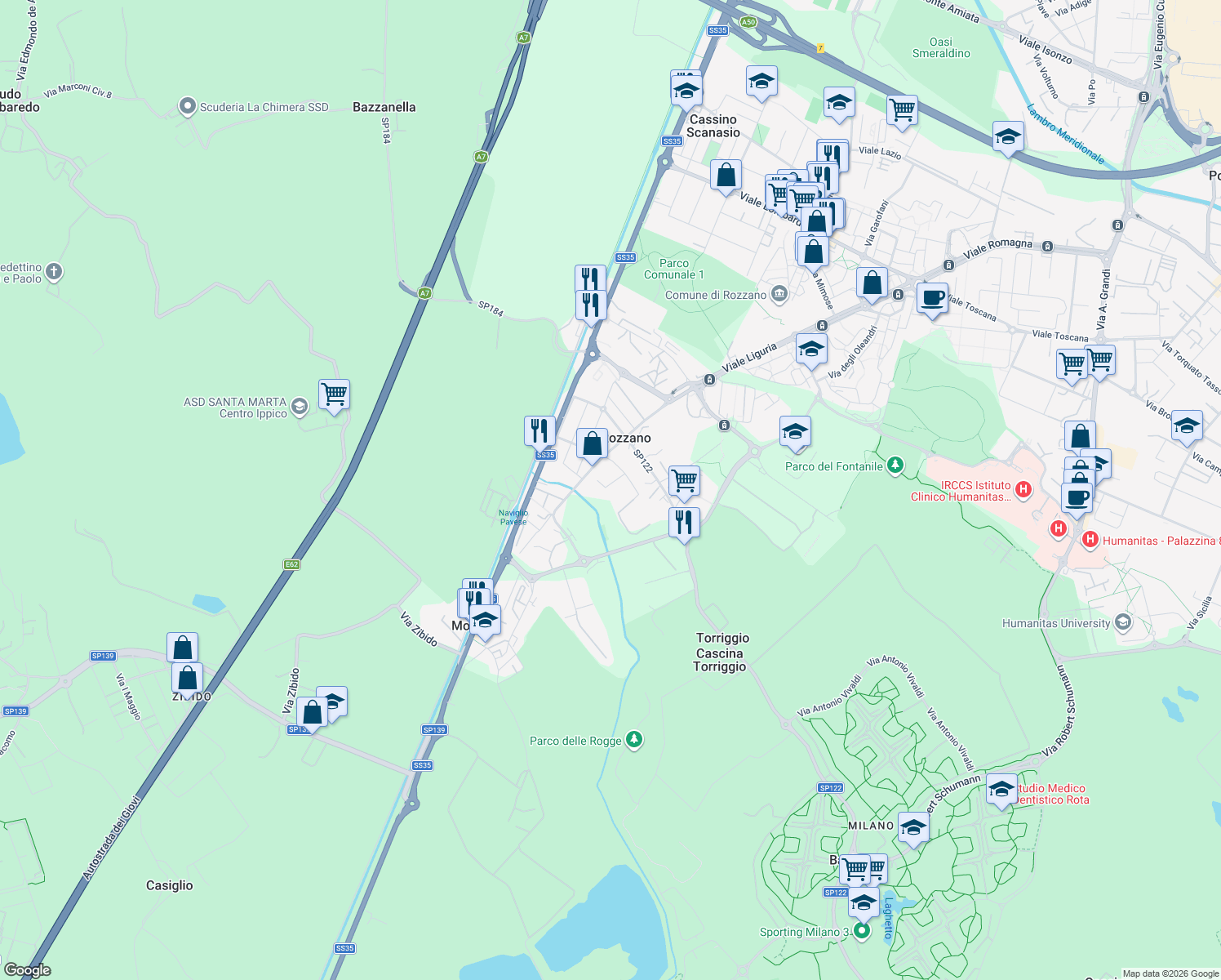 map of restaurants, bars, coffee shops, grocery stores, and more near 2 Via Carlo Pisacane in Rozzano