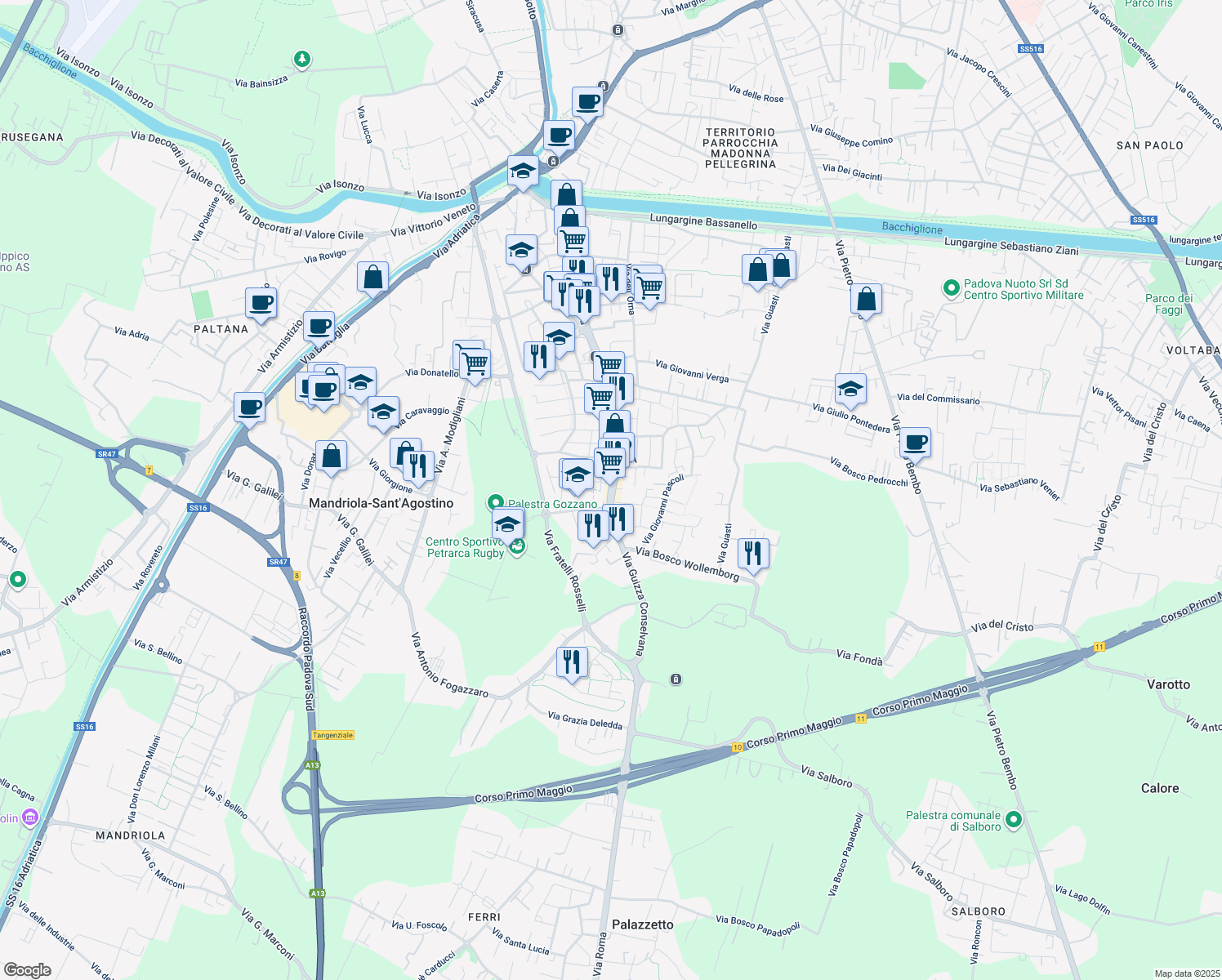 map of restaurants, bars, coffee shops, grocery stores, and more near Via Guizza in Padua