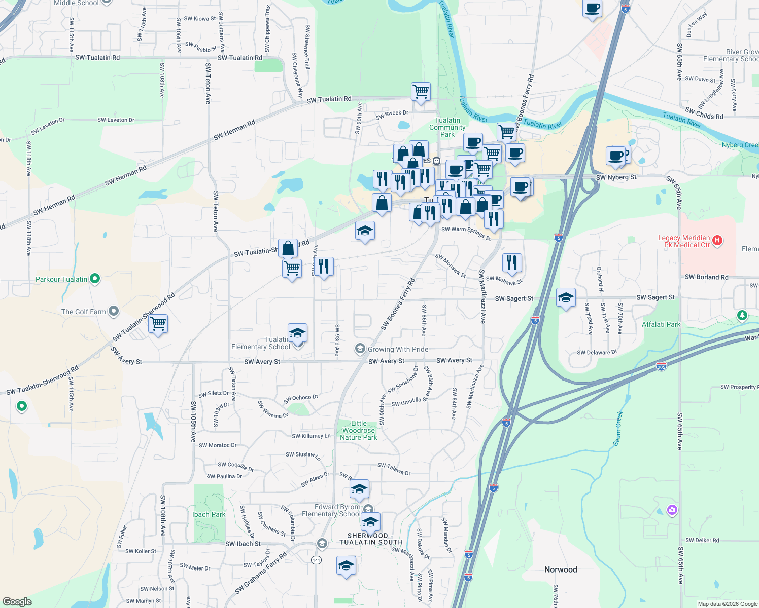 map of restaurants, bars, coffee shops, grocery stores, and more near 8970 Southwest Sagert Street in Tualatin