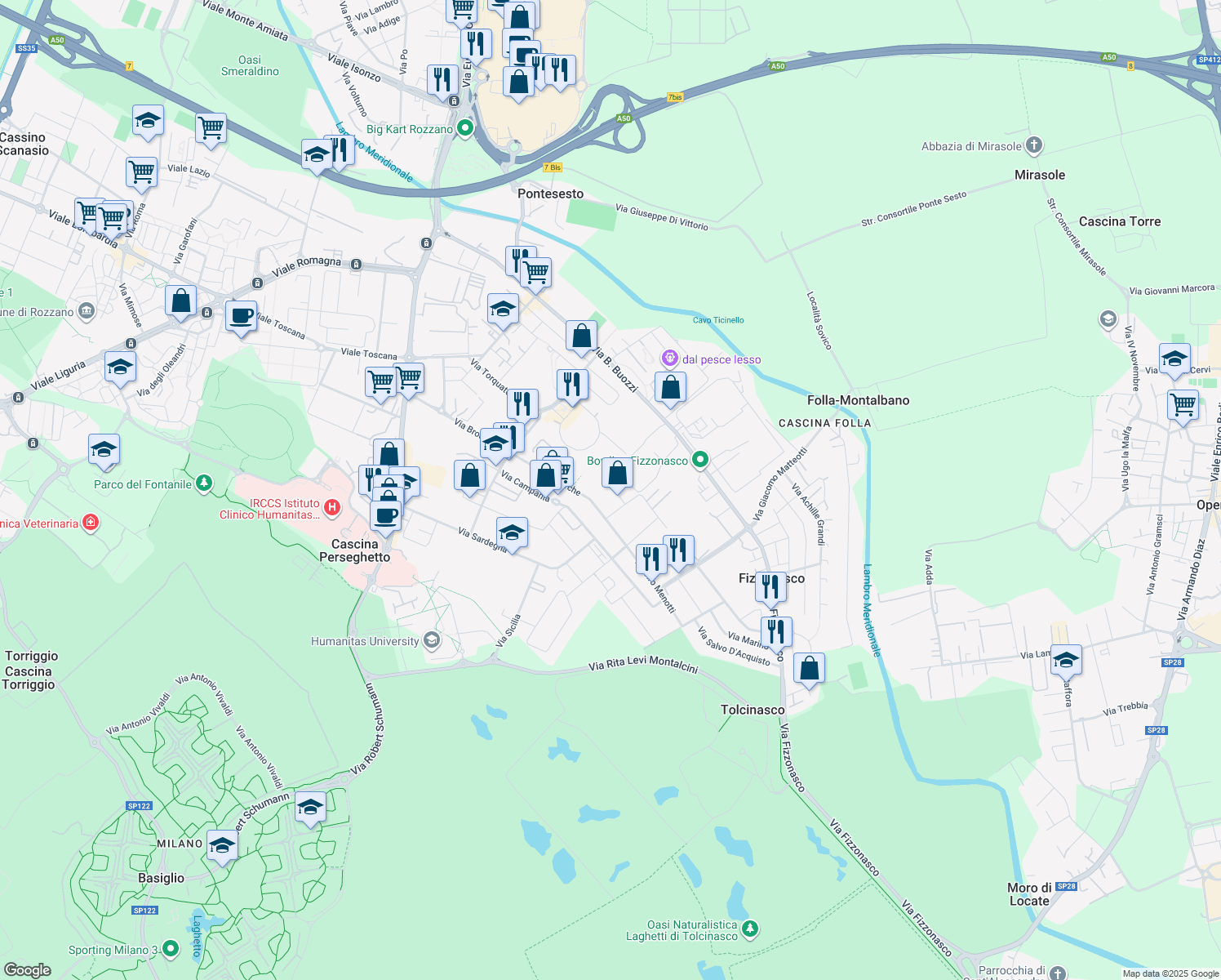 map of restaurants, bars, coffee shops, grocery stores, and more near 15 Via Privata Friuli in Fizzonasco