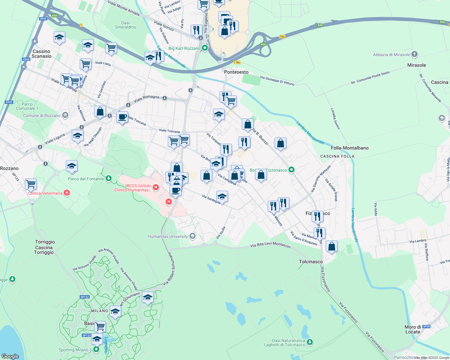 map of restaurants, bars, coffee shops, grocery stores, and more near 26 Via Campania in Fizzonasco