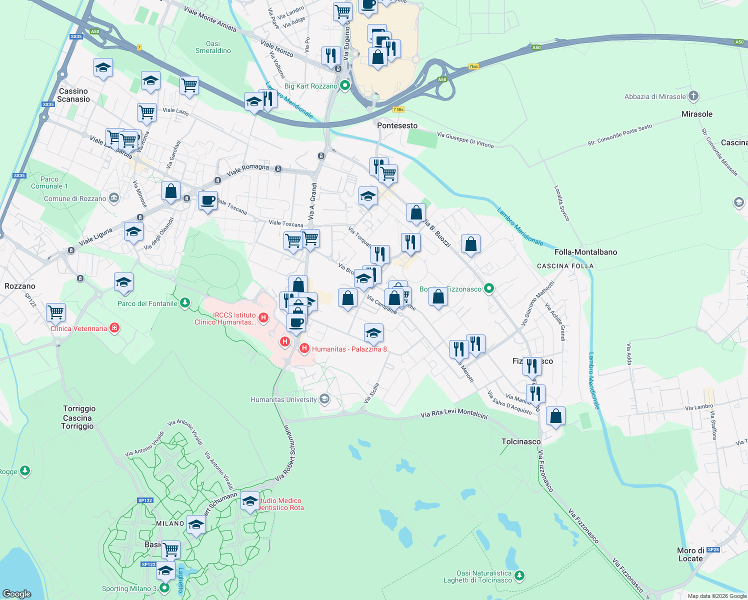 map of restaurants, bars, coffee shops, grocery stores, and more near 26 Via Campania in Pieve Emanuele