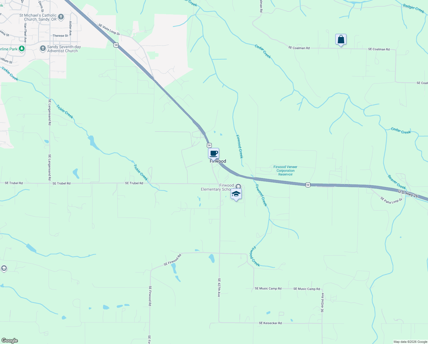 map of restaurants, bars, coffee shops, grocery stores, and more near 21385 Southeast Firwood Road in Sandy