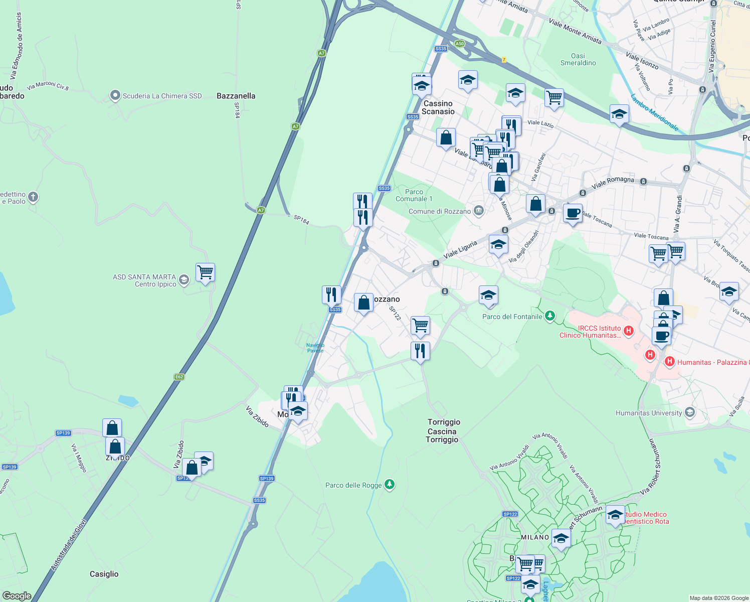 map of restaurants, bars, coffee shops, grocery stores, and more near 136 Viale Palmiro Togliatti in Rozzano