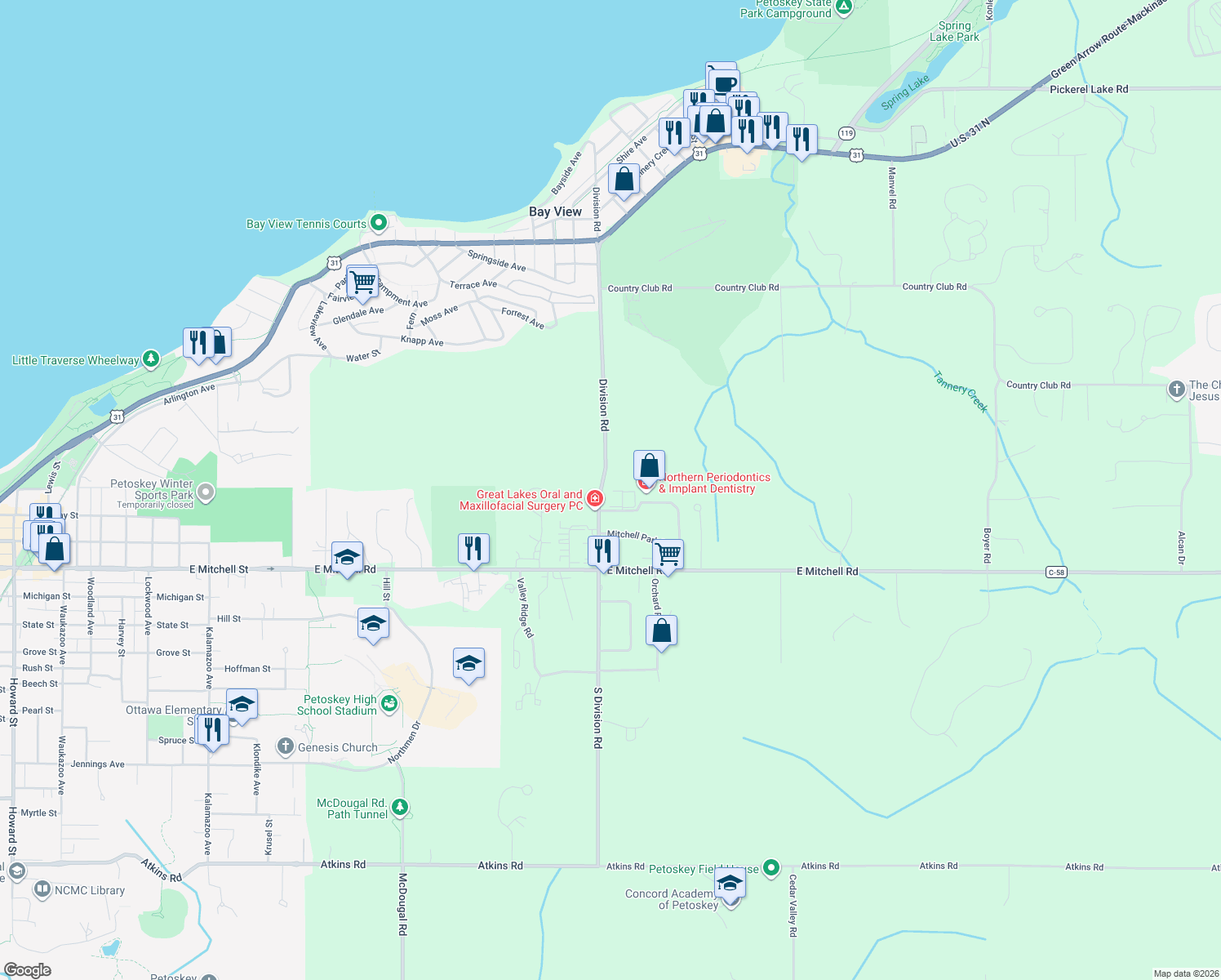 map of restaurants, bars, coffee shops, grocery stores, and more near 2225 Summit Park Drive in Petoskey