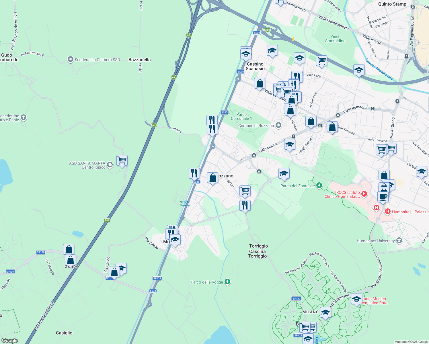 map of restaurants, bars, coffee shops, grocery stores, and more near 136 Viale Palmiro Togliatti in Rozzano