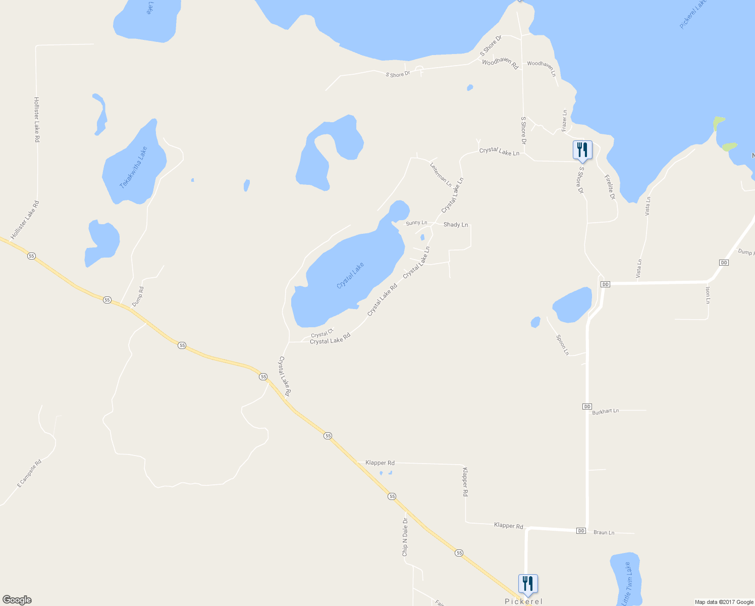 map of restaurants, bars, coffee shops, grocery stores, and more near Crystal Lake Road in Pickerel