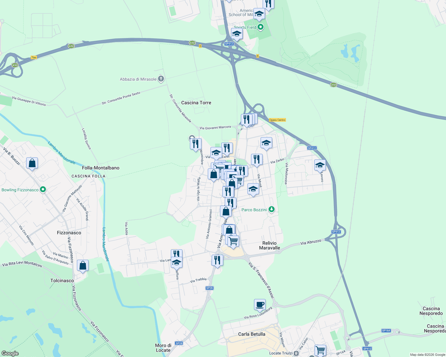 map of restaurants, bars, coffee shops, grocery stores, and more near 6 Via Dante Alighieri in Opera