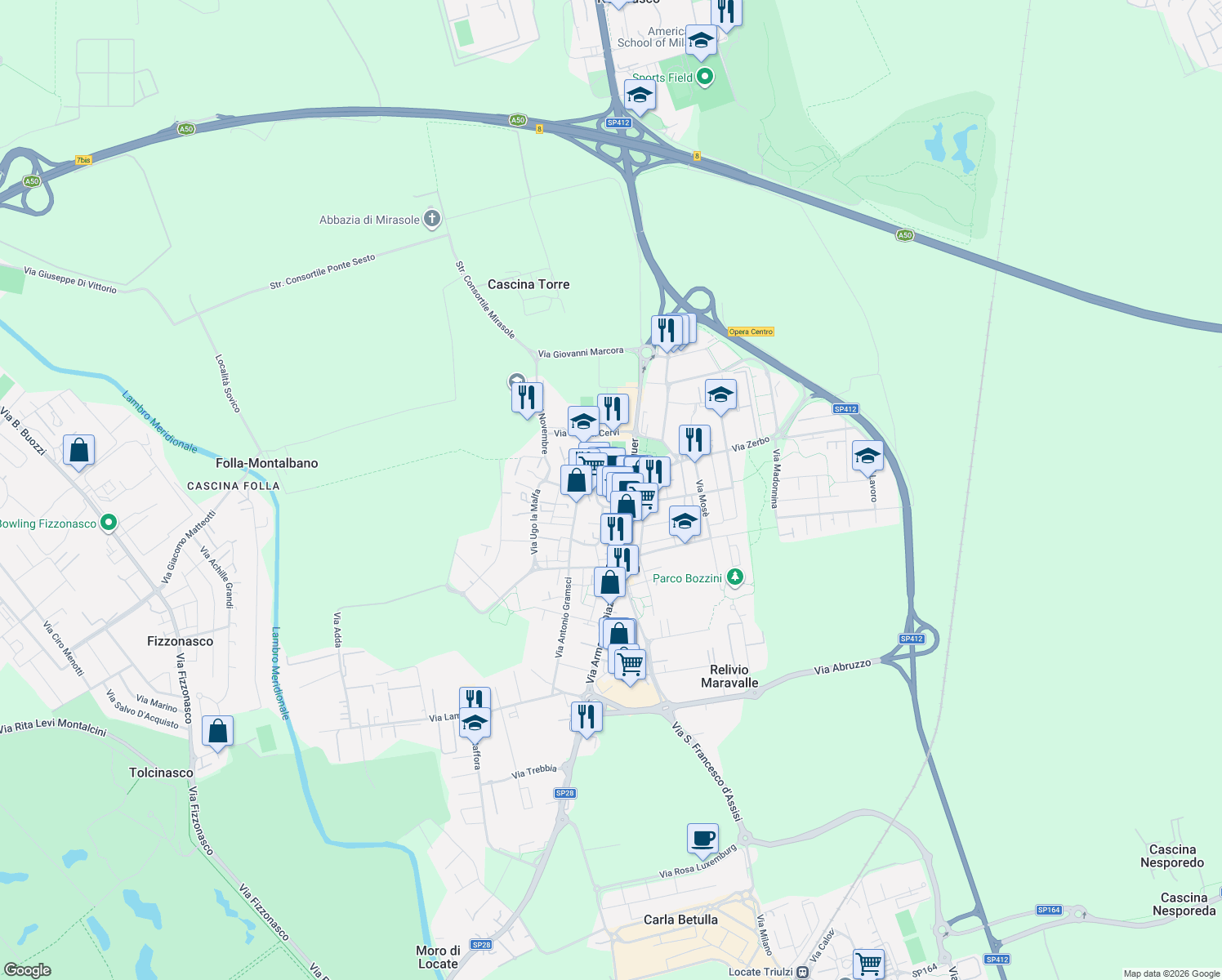 map of restaurants, bars, coffee shops, grocery stores, and more near 6 Via Dante Alighieri in Opera
