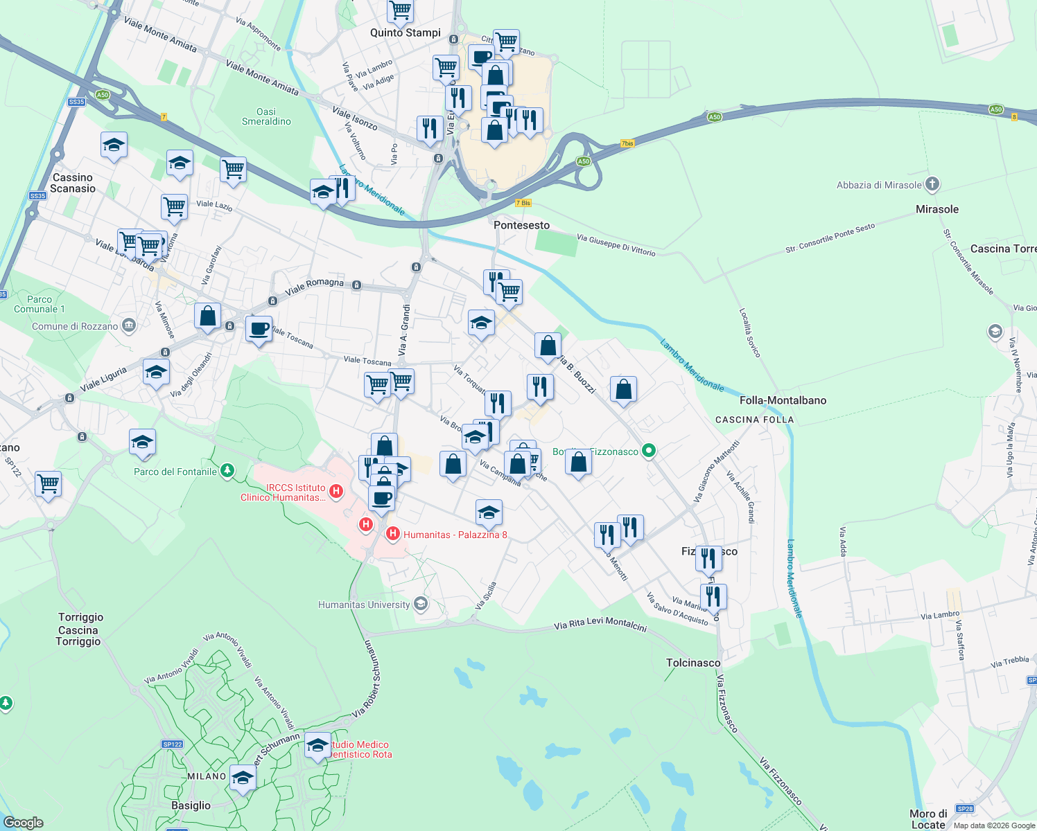 map of restaurants, bars, coffee shops, grocery stores, and more near 15 Via Vittorio Alfieri in Rozzano