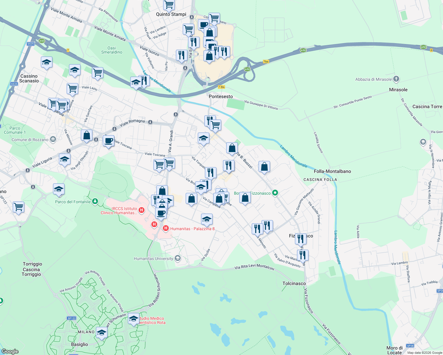 map of restaurants, bars, coffee shops, grocery stores, and more near 15 Via Vittorio Alfieri in Rozzano