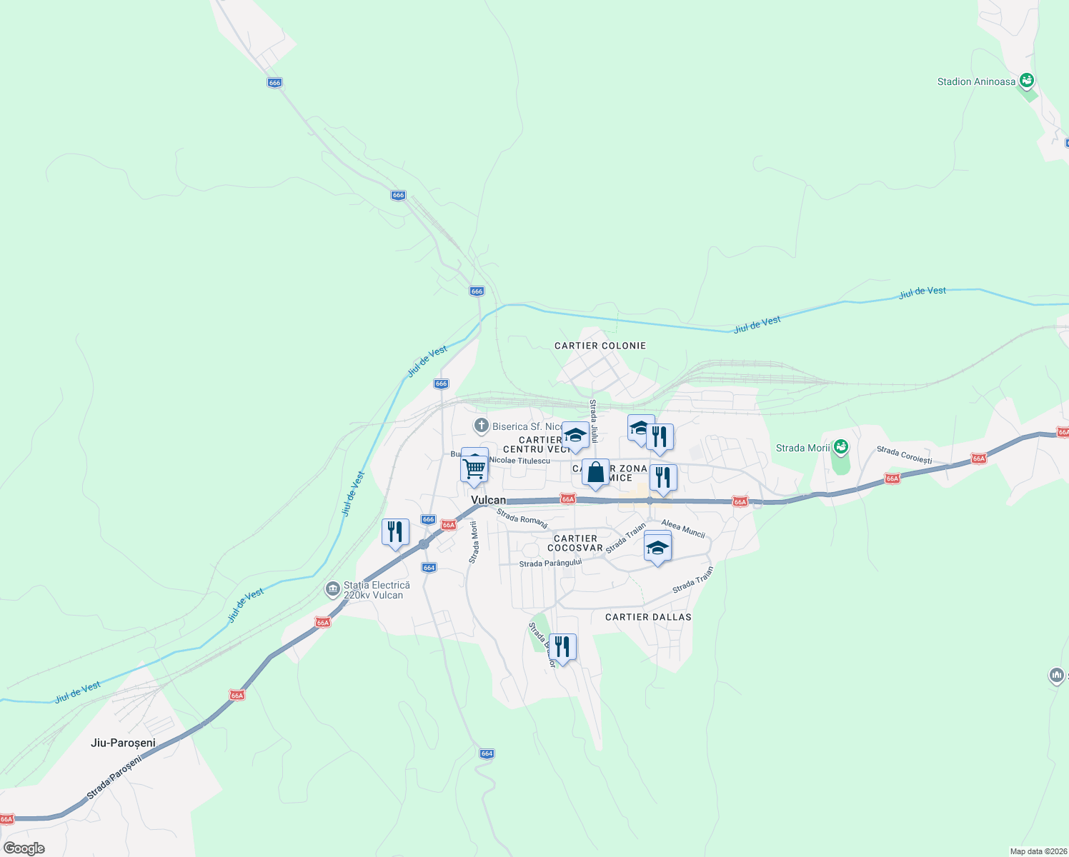 map of restaurants, bars, coffee shops, grocery stores, and more near in Vulcan