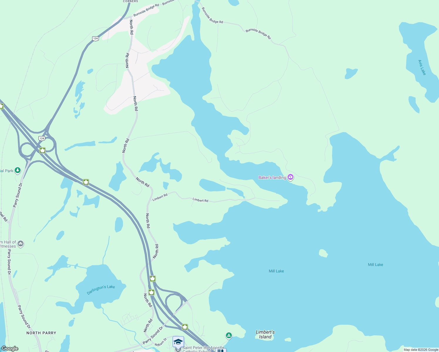 map of restaurants, bars, coffee shops, grocery stores, and more near 25 Limbert Lane North in Parry Sound