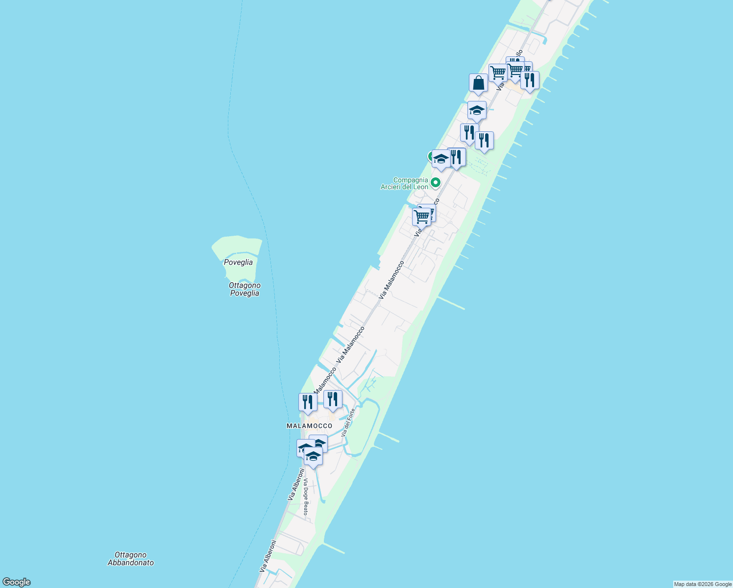 map of restaurants, bars, coffee shops, grocery stores, and more near 82/a Via Malamocco in Venice