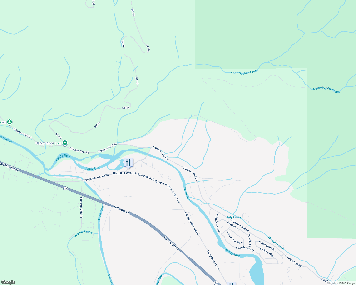 map of restaurants, bars, coffee shops, grocery stores, and more near 62845 East Boulder Creek Lane in Mount Hood Village