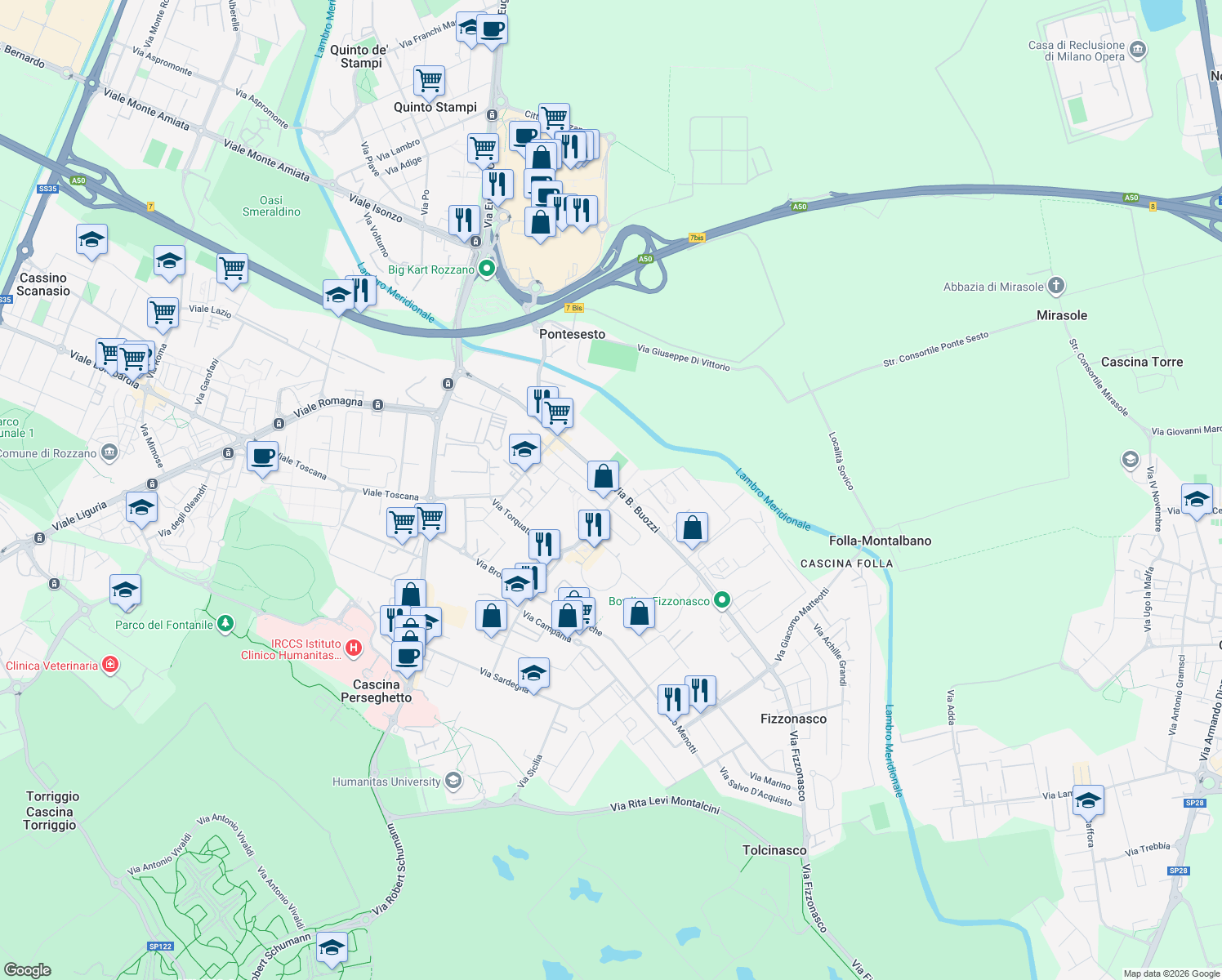 map of restaurants, bars, coffee shops, grocery stores, and more near 6 Via C. Porta in Rozzano