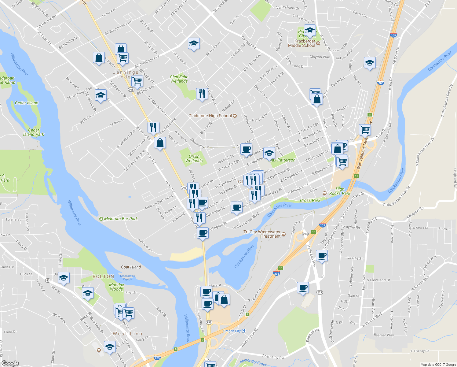 map of restaurants, bars, coffee shops, grocery stores, and more near 255 West Fairfield Street in Gladstone
