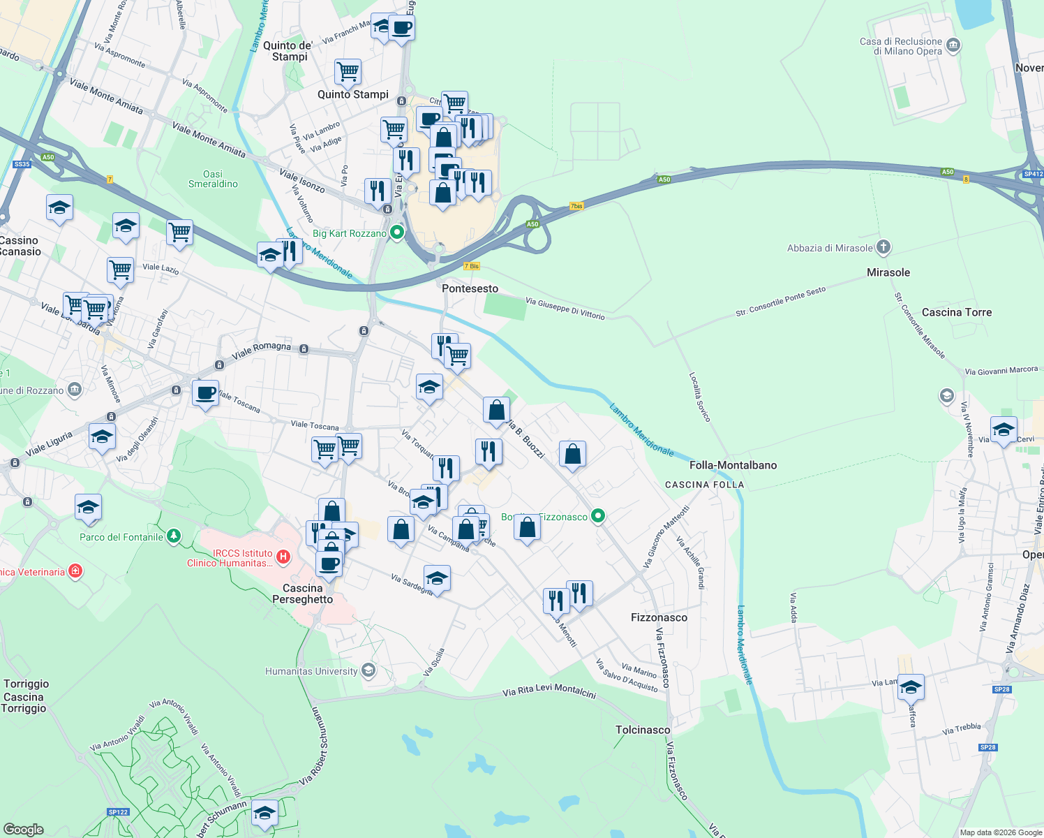 map of restaurants, bars, coffee shops, grocery stores, and more near 6 Via C. Porta in Rozzano