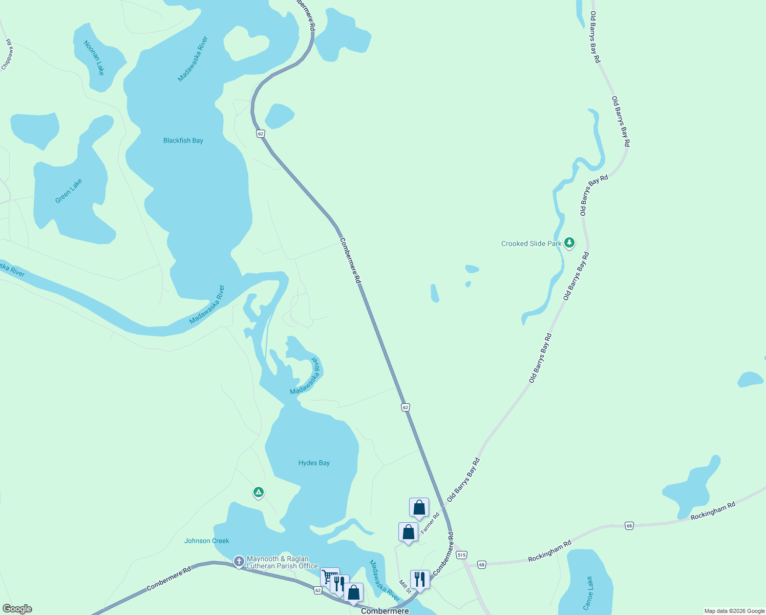 map of restaurants, bars, coffee shops, grocery stores, and more near 39790 A Combermere Road in Barry's Bay