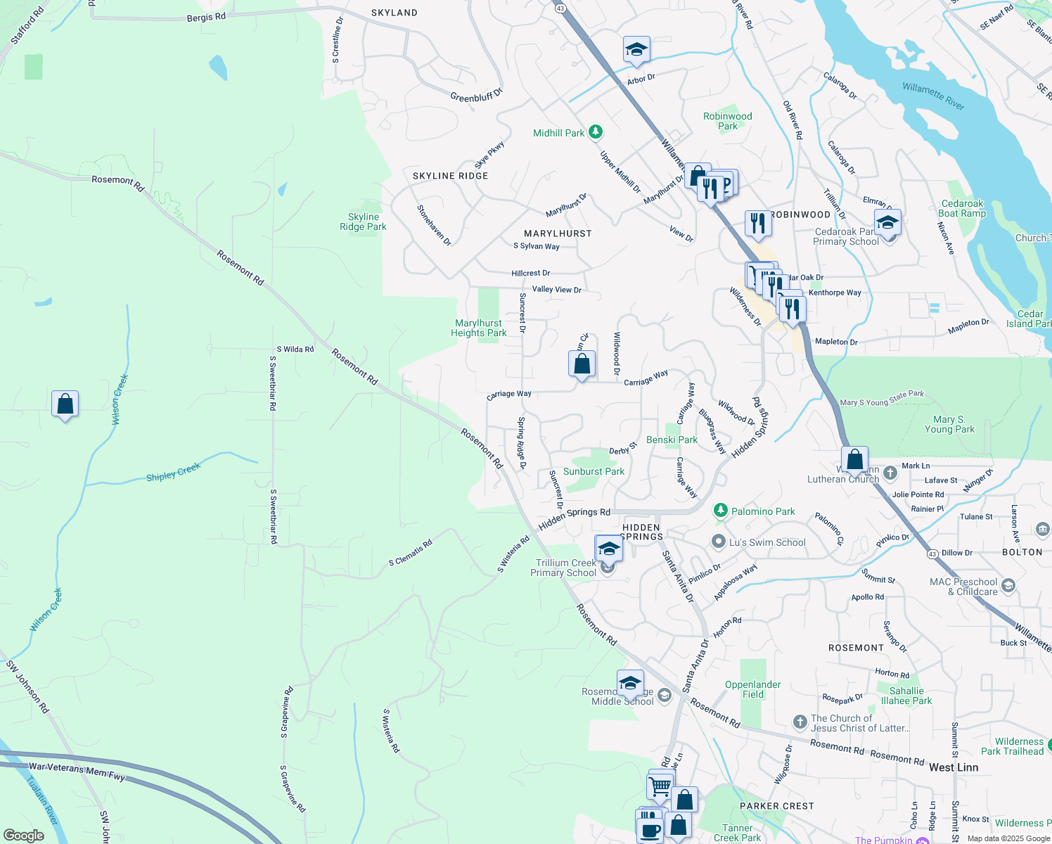 map of restaurants, bars, coffee shops, grocery stores, and more near 19720 Spring Ridge Drive in West Linn