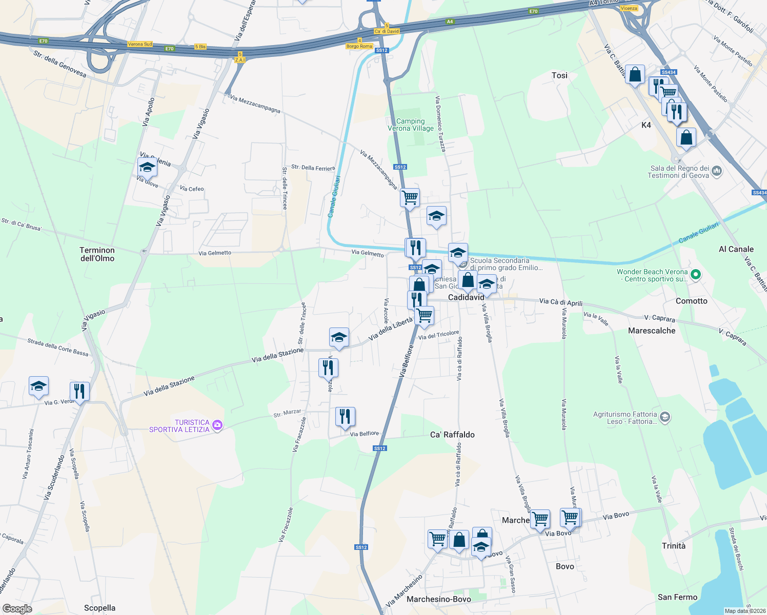 map of restaurants, bars, coffee shops, grocery stores, and more near Via Arcole in Verona