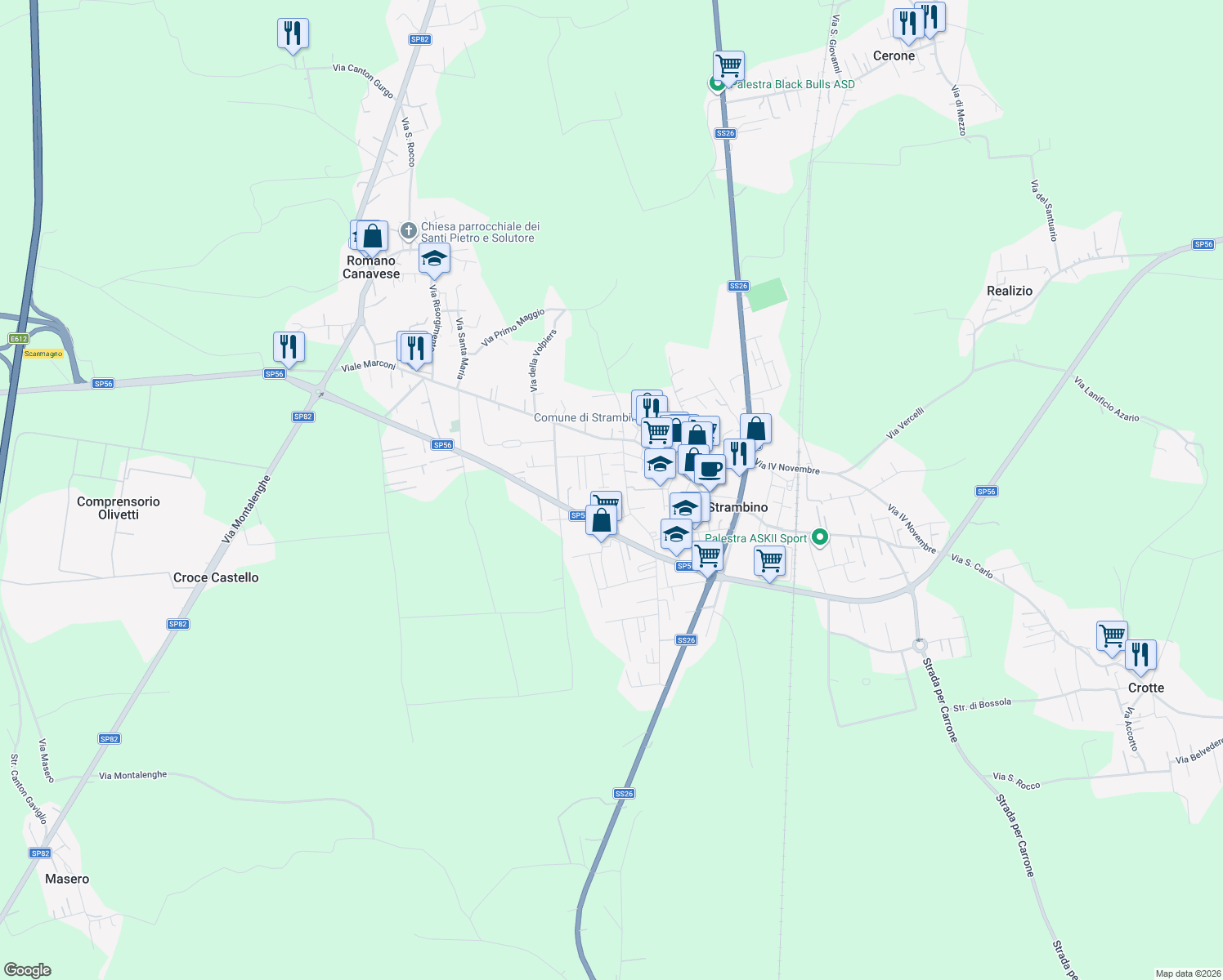 map of restaurants, bars, coffee shops, grocery stores, and more near 66 Via Guido Gozzano in Strambino