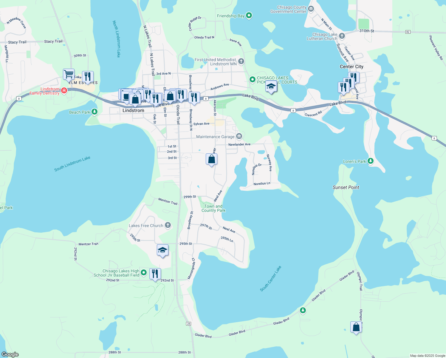 map of restaurants, bars, coffee shops, grocery stores, and more near 13385 Akerson Court in Lindstrom