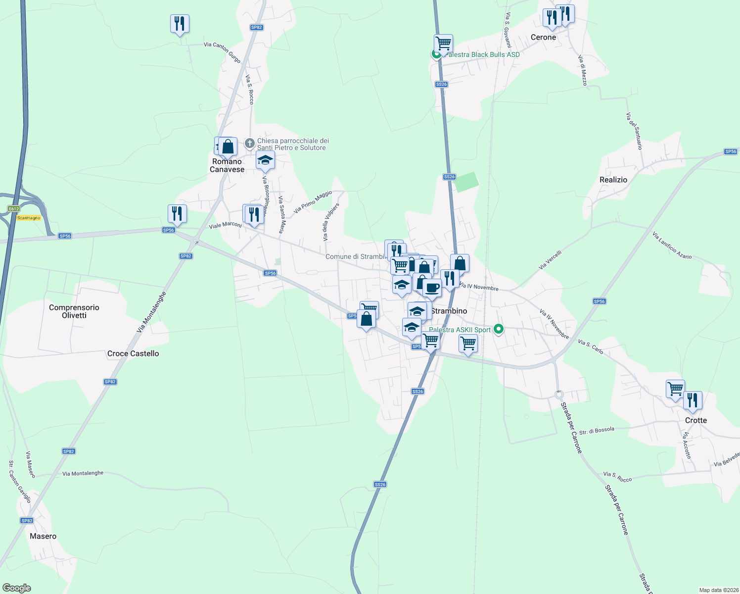 map of restaurants, bars, coffee shops, grocery stores, and more near 66 Via Guido Gozzano in Strambino